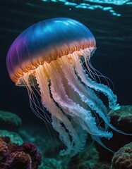 Fototapeta premium A translucent jellyfish with a glowing bell and wispy tentacles drifts gracefully in the dark ocean depths, creating an ethereal and mesmerizing underwater scene