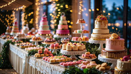 An abundant dessert table showcases a delectable array of cakes and macarons for a celebratory event.