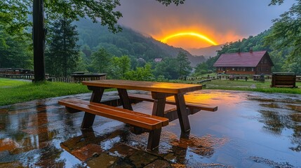 A peaceful picnic spot at sunrise.  Wooden picnic table and benches, reflecting in wet ground, with a beautiful mountain sunrise, and rustic wooden cabins in the background