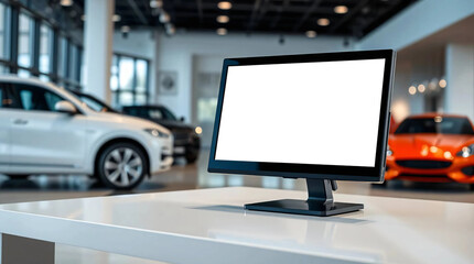 Naklejka premium Monitor with blank white screen on table for mockup, with a background in a modern car showroom