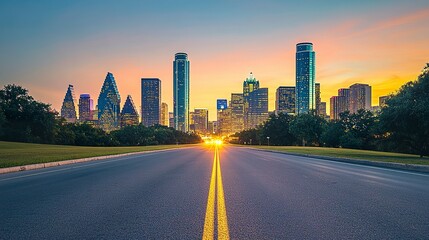 Fototapeta premium Smooth asphalt road heading toward a vibrant city skyline, the clean lines of modern buildings illuminated under a bright, cloudless sky 