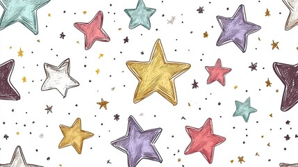 Seamless pattern with colorful hand drawn stars in yellow purple red and teal on white background for kids design