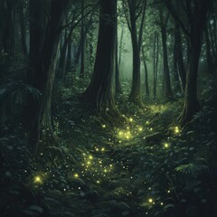Obraz premium Enchanted Forest Pathway with Glowing Fireflies at Twilight