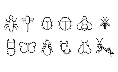 Insect, bug, insect icons. Concept save insects or nature. Icons for web pages - praying mantis, butterfly, scorpion, dragonfly, ant, bee, fly.