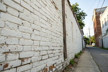 Weathered white brick wall, urban texture background, grunge brickwork.
