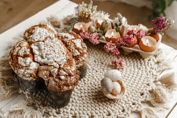 Colomba - Italian traditional Easter bread is topped with pearl sugar and almonds in the shape of a dove. Festive pastries are traditional in Italy.