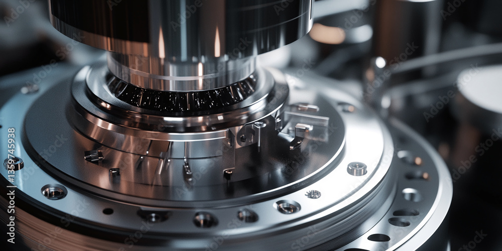 Poster Close-up of metallic machine component, showcasing intricate details and precision engineering, symbolizing advanced technology and industrial manufacturing processes