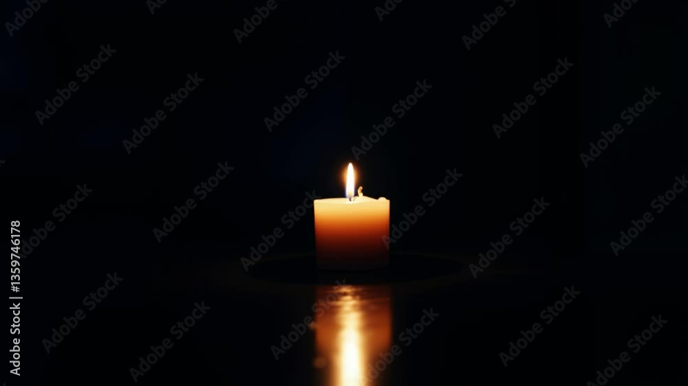 Poster Softly Glowing Candle in a Dark Room Creating a Serene Atmosphere with Gentle Light Reflections on the Floor Surrounded by a Calm Setting