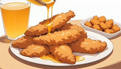 Crispy Honey Glazed Chicken Tenders with Nuggets and Orange Juice