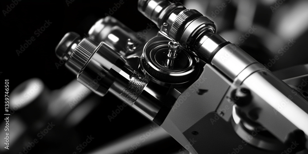 Poster close-up of metallic instrument, showcasing intricate design and polished surface, suggesting precis