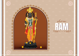 illustration of Lord Rama with bow arrow with Hindi text meaning Shree Ram Navami celebration background for religious holiday of India