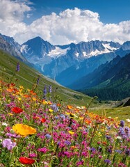 Fototapeta premium Wildflowers Bloom Across Mountain Valley