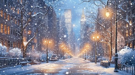 Snow-covered avenues of New York City, streetlights casting a warm glow on icy sidewalks, towering skyscrapers wrapped in a soft winter haze, snowflakes gently falling 