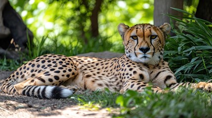 Fototapeta premium A relaxed cheetah resting on the ground amidst lush greenery.