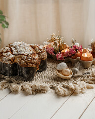 Colomba - Italian traditional Easter bread is topped with pearl sugar and almonds in the shape of a dove. Festive pastries are traditional in Italy.