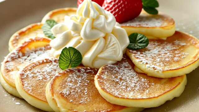 Savor a stack of mini pancakes topped with whipped cream, fresh strawberries, and a sprinkle of coconut for breakfast!