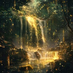 Enchanting Waterfall with Glowing Particles in Lush Forest Setting