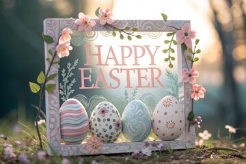 HAPPY EASTER frame with eggs at sunrise 