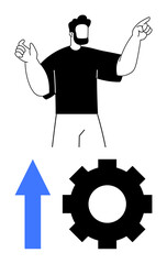 Confident man gesturing with blue upward arrow and black gear icon below. Ideal for productivity, progress, strategy, leadership, innovation, motivation, and efficiency. Flat simple metaphor