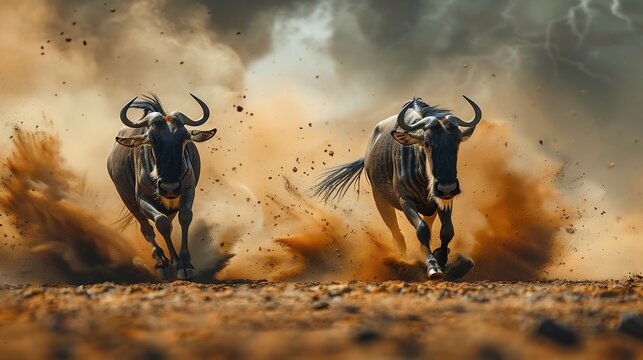 Two Connochaetes gnou Black wildebeest running full speed their hoof kicking up dirt blur of motion Their curved horn muscular frame add intensity of scene while distant thunderstorm looms over plains
