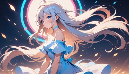 Ethereal Anime Girl in Blue Dress Cosmic Background Digital Painting