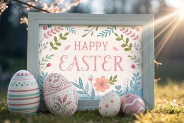 HAPPY EASTER frame with eggs at sunrise 