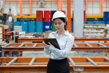 A dedicated female engineer dressed in safety gear holding tablet computer amidst a sprawling...