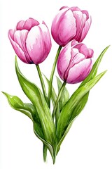 Fototapeta premium Three Pink Tulips Watercolor Painting on White Background