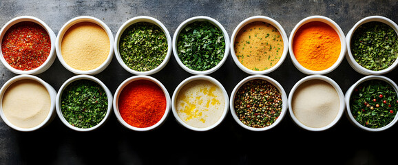 Assortment Of Colorful Spices And Herbs In White Bowls