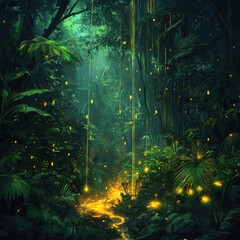 Obraz premium Enchanting Jungle Scene with Glowing Fireflies and Dense Foliage
