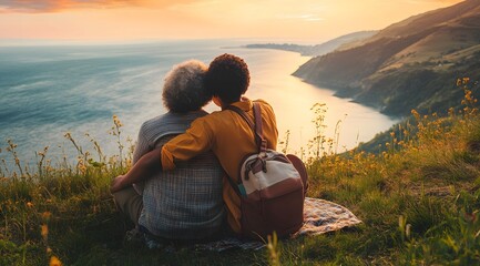 Fototapeta premium An elderly couple in love stands on a hill and looks at the beautiful view of the sea and mountains.