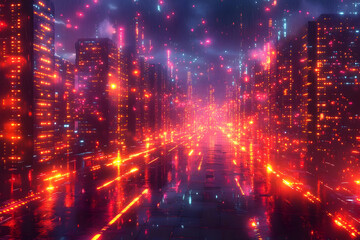 Neon Cityscape At Night Under Rain