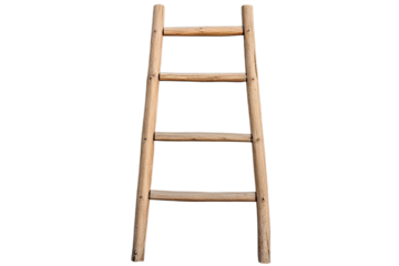 A wooden ladder with four rungs leans against a plain backdrop, highlighting its rustic charm and simple design. The natural wood grain and texture are clearly visible, enhancing its aesthetic appeal
