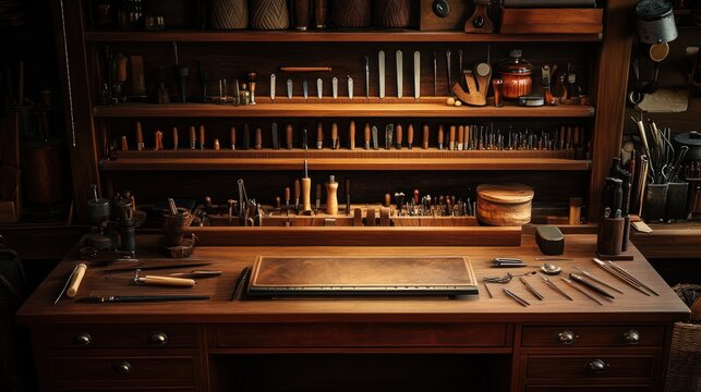 Artisan workshop workspace.  Organized shelves filled with tools and supplies.  Empty work table ready for use