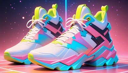 Futuristic Pixelated Sneakers Neon Pastel Colors 3D Render