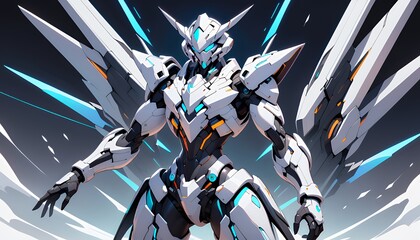 Futuristic White and Teal Mech Suit Digital Illustration