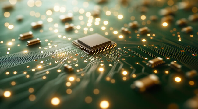 Puce &eacute;lectronique sur un circuit imprim&eacute; vert et dor&eacute;, effet bokeh, perspective