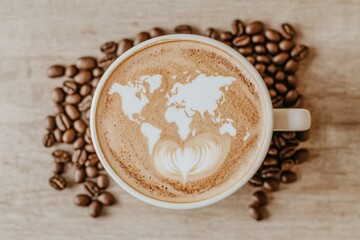 A beautifully crafted latte with world map design on frothy surface, surrounded by coffee beans, symbolizing global coffee culture and the joy of indulgence