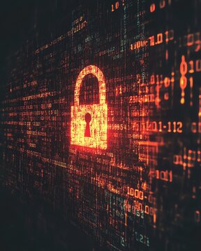 Risk Deception Cryptography Digital lock symbol on a binary backdrop.