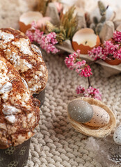 Colomba - Italian traditional Easter bread is topped with pearl sugar and almonds in the shape of a dove. Festive pastries are traditional in Italy.