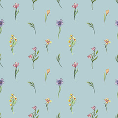 Seamless watercolor floral pattern with delicate wildflowers. Elegant hand-painted botanical design for fabric, wallpaper, invitations, and scrapbooking. Soft natural aesthetics in pastel tones