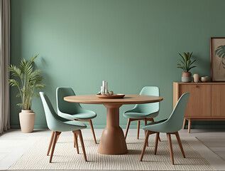 Mint color chairs at round wooden dining table in room with sofa and cabinet near green wall. Scandinavian, mid-century home interior design of modern living room