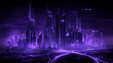The Night future city building skyline background illustration.