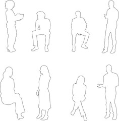 Linear silhouettes of seated people, designed for use in architectural plans, sections, and layouts.	
