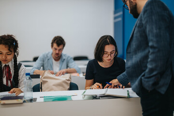 A classroom scene showing students working diligently on assignments as a professor offers guidance. The environment fosters focus and education, highlighting the importance of teacher-student