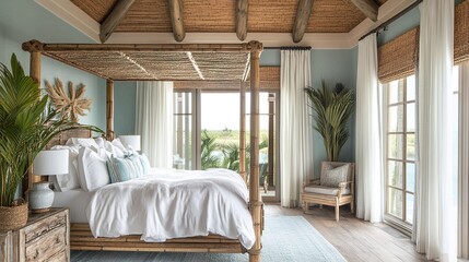 Sophisticated coastal bedroom with a thatched roof, bamboo details, a four-poster bed with soft white drapes, and large windows revealing sparkling ocean waters, warm light filling the space 