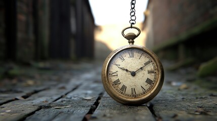 Antique pocket watch hangs in a weathered alleyway.  Time passes
