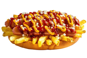 Golden Hotdog with Fries and Toppings: A Savory Street Food Delight on an Isolated White Background