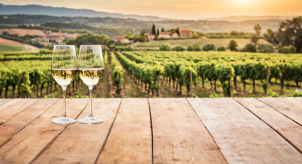 Wine glasses on a rustic wooden table against a blurred vineyard background.