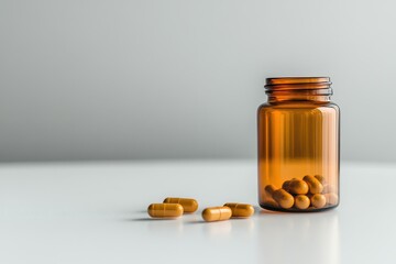 Brown Glass Jar with Yellow Capsules on a Light Table Surface